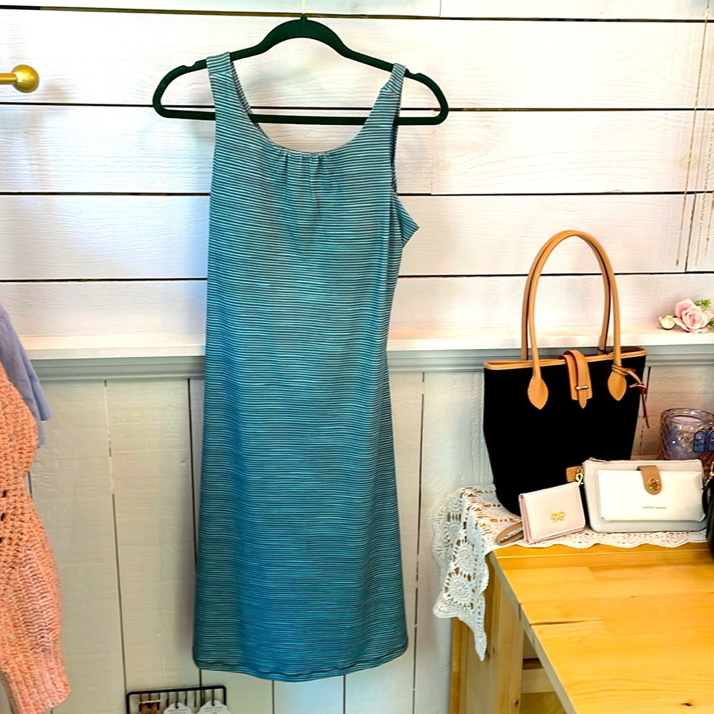 Prana Open Twist Back Striped Dress Built In Bra Removeable Pad Sage & Charcoal